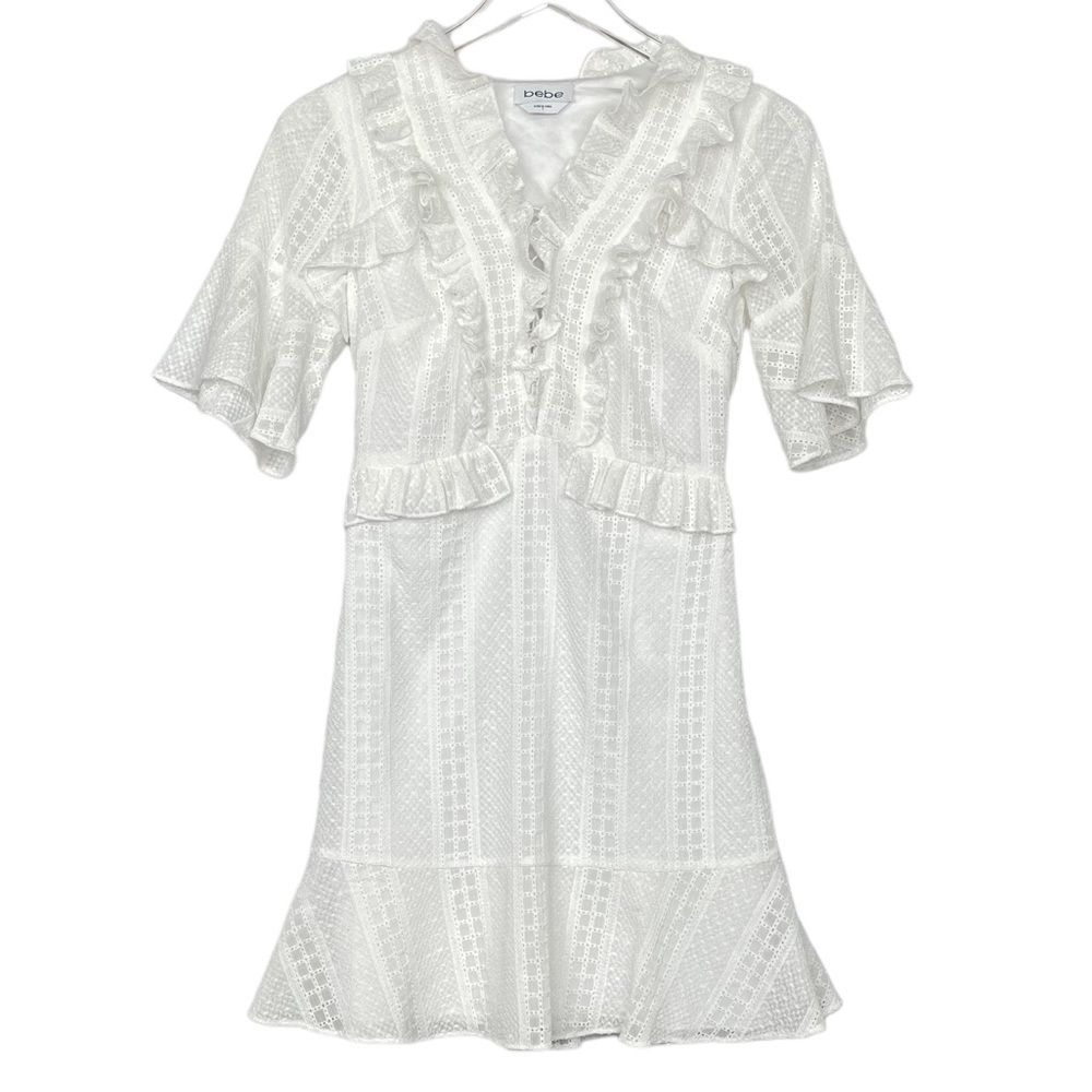 bebe White Eyelet Ruffle Midi Dress